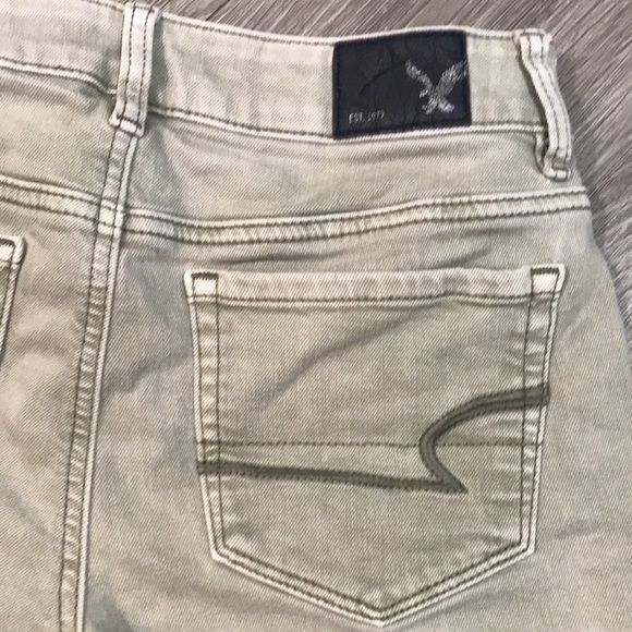 American Eagle “Hi-Rise Shortie” Light Olive Green Distressed Denim Shorts - Picture 4 of 7